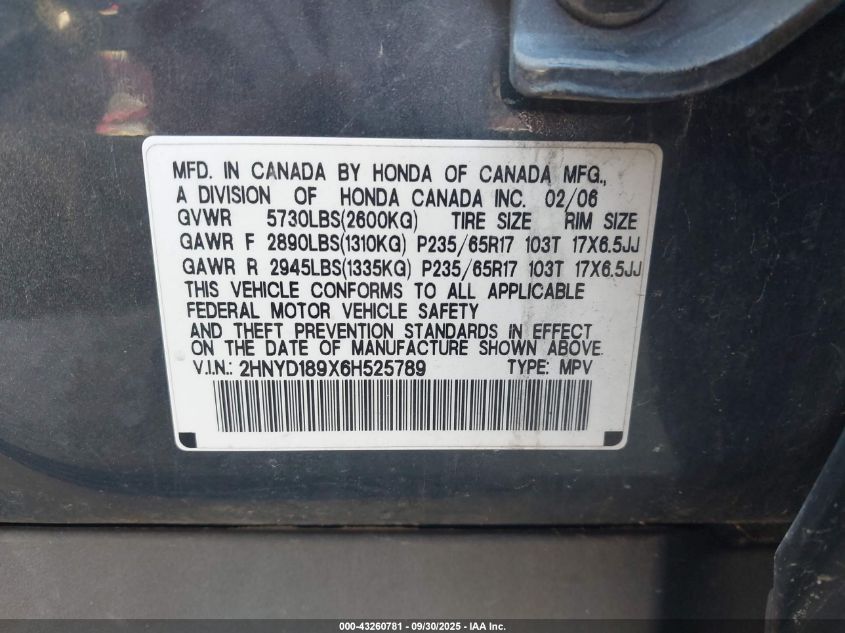 2006 Acura Mdx VIN: 2HNYD189X6H525789 Lot: 43260781