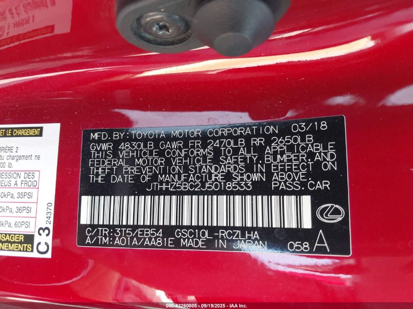 2018 Lexus Rc 350 VIN: JTHHZ5BC2J5018533 Lot: 43260805