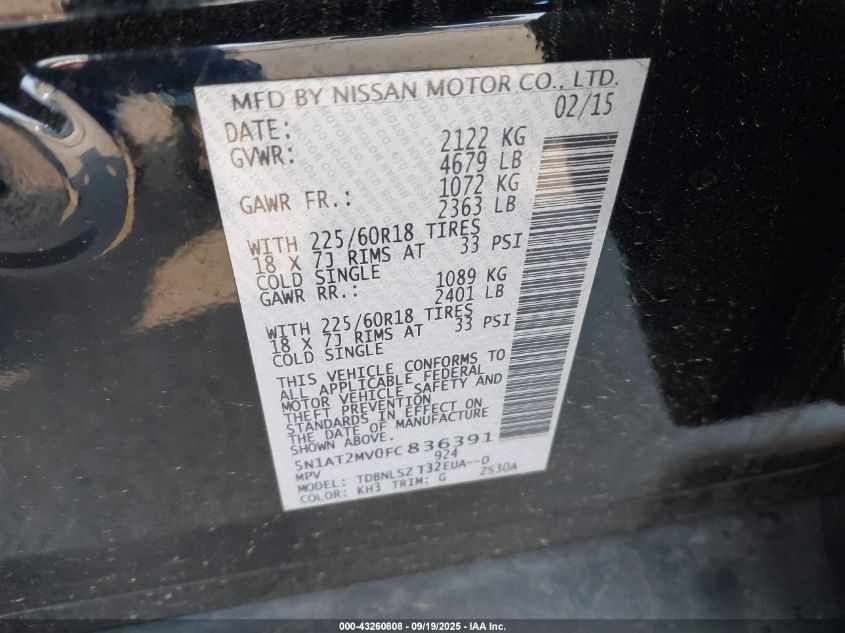 2015 Nissan Rogue Sl VIN: 5N1AT2MV0FC836391 Lot: 43260808