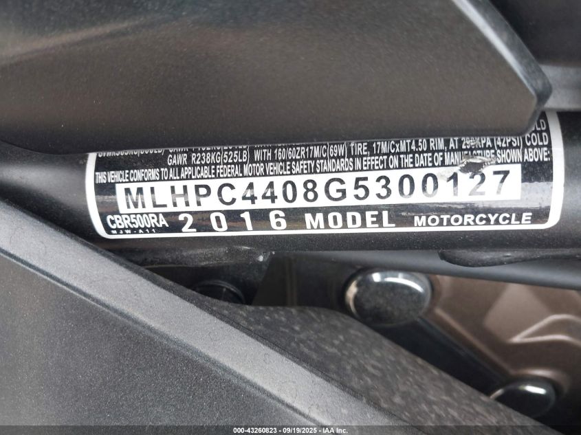 2016 Honda Cbr500 Ra-Abs VIN: MLHPC4408G5300127 Lot: 43260823