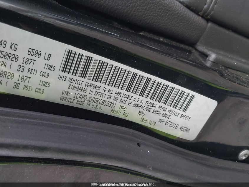 2019 Dodge Durango Gt Plus Awd VIN: 1C4RDJDG5KC853391 Lot: 43260824