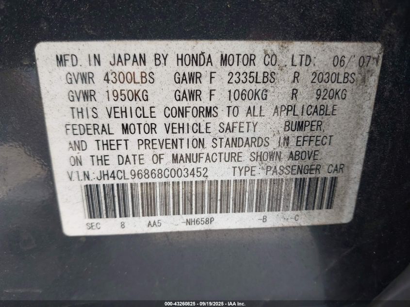 2008 Acura Tsx VIN: JH4CL96868C003452 Lot: 43260825