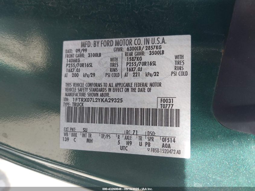 2000 Ford F-150 Lariat/Xl/Xlt VIN: 1FTRX07L2YKA29325 Lot: 43260846