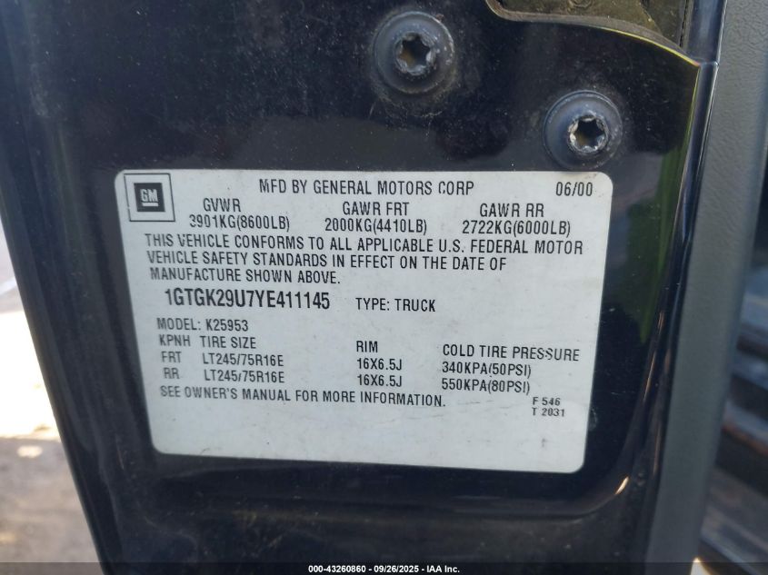 2000 GMC Sierra 2500 Sle VIN: 1GTGK29U7YE411145 Lot: 43260860