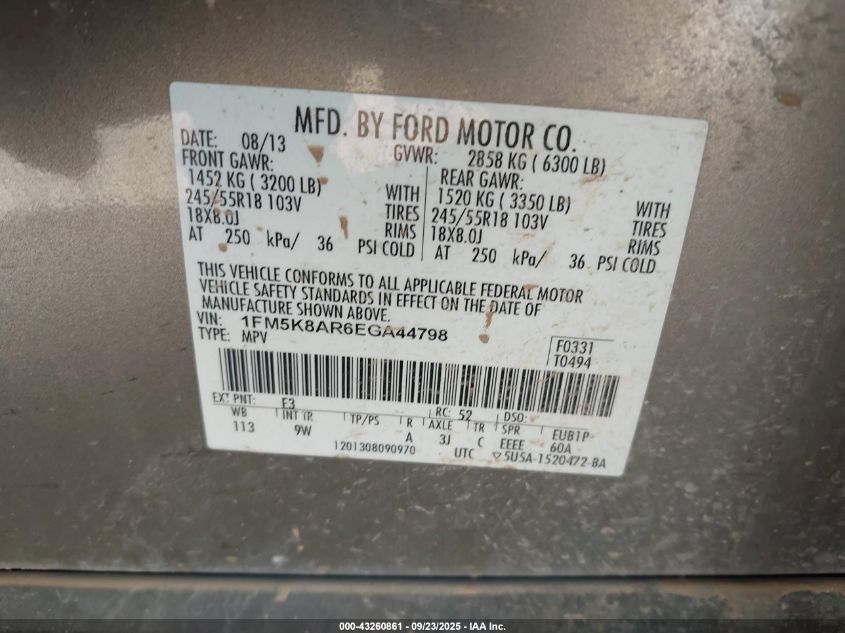 2014 Ford Police Interceptor VIN: 1FM5K8AR6EGA44798 Lot: 43260861