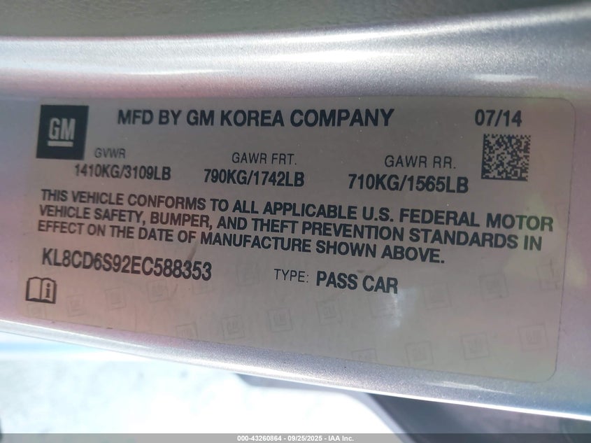 2014 CHEVROLET SPARK 1LT AUTO KL8CD6S92EC588353