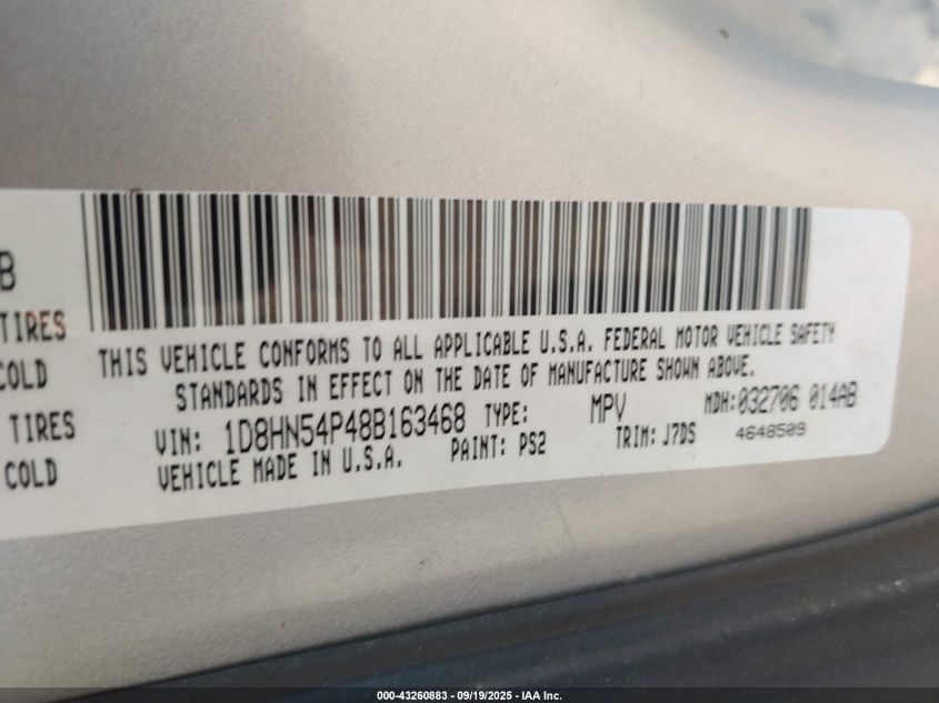 2008 Dodge Grand Caravan Sxt VIN: 1D8HN54P48B163468 Lot: 43260883