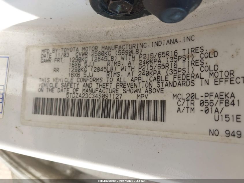 2004 Toyota Sienna Le VIN: 5TDZA23C34S091127 Lot: 43260885