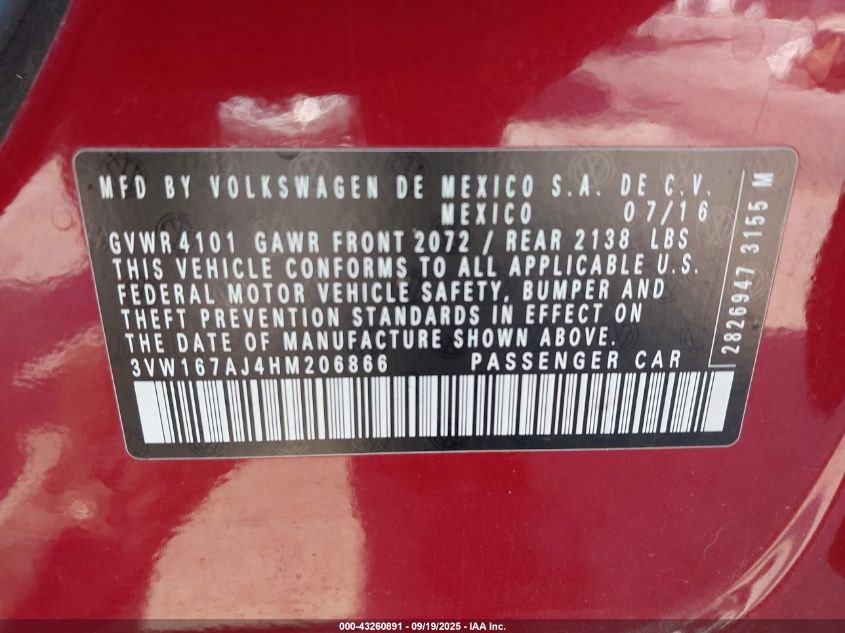 2017 Volkswagen Jetta 1.4T S VIN: 3VW167AJ4HM206866 Lot: 43260891