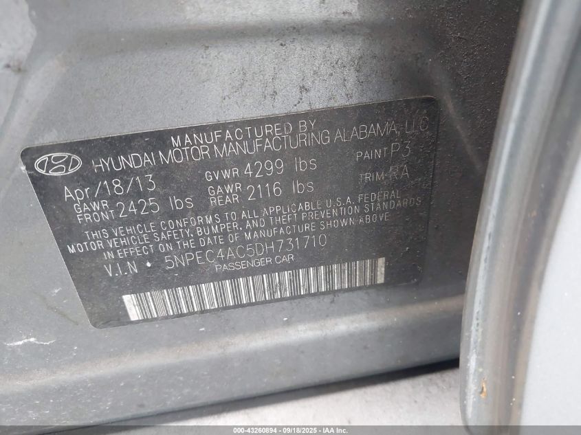 2013 Hyundai Sonata Se VIN: 5NPEC4AC5DH731710 Lot: 43260894