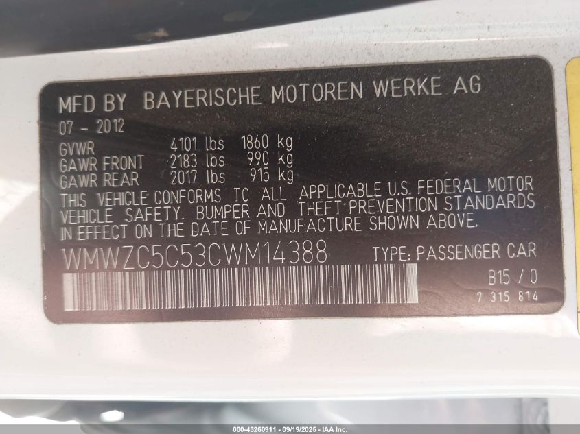 2012 Mini Cooper S Countryman VIN: WMWZC5C53CWM14388 Lot: 43260911