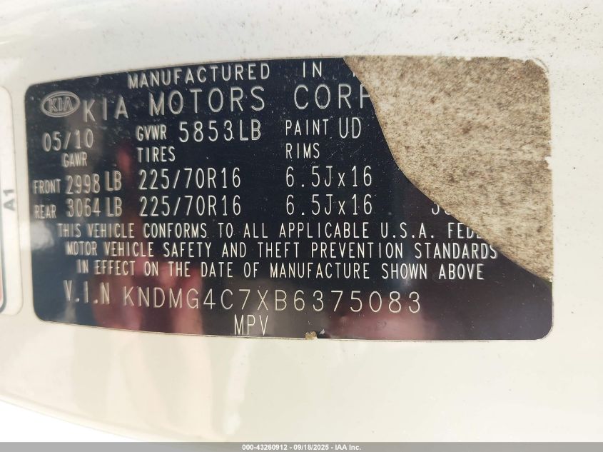 2011 Kia Sedona Lx VIN: KNDMG4C7XB6375083 Lot: 43260912