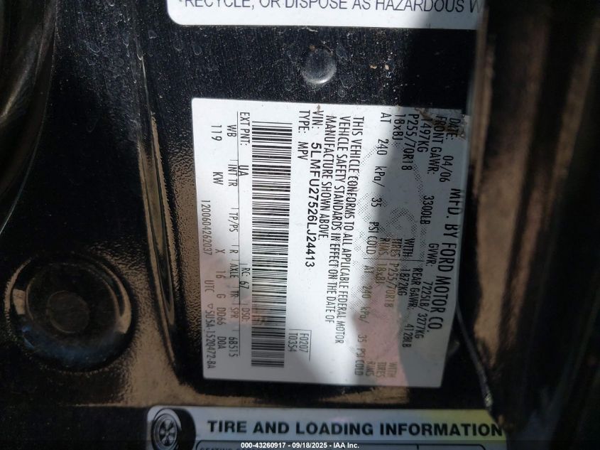 2006 Lincoln Navigator Luxury/Ultimate VIN: 5LMFU27526LJ24413 Lot: 43260917