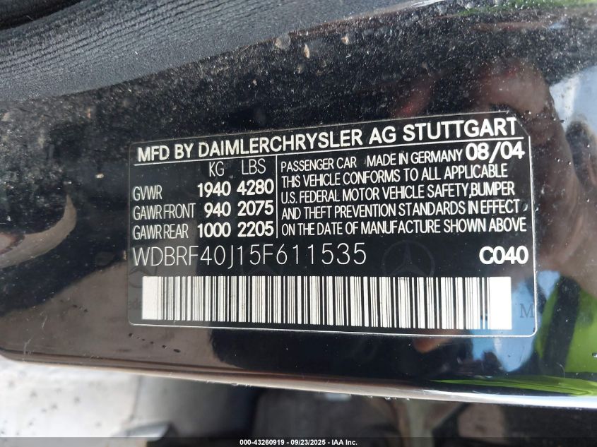 2005 Mercedes-Benz C 230 Kompressor Sport VIN: WDBRF40J15F611535 Lot: 43260919