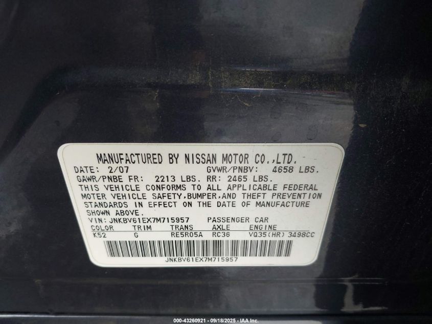 2007 Infiniti G35 Sport VIN: JNKBV61EX7M715957 Lot: 43260921