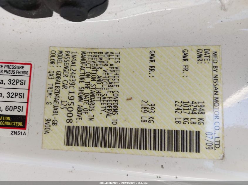 2009 Nissan Altima 2.5 S VIN: 1N4AL24E39C195008 Lot: 43260925