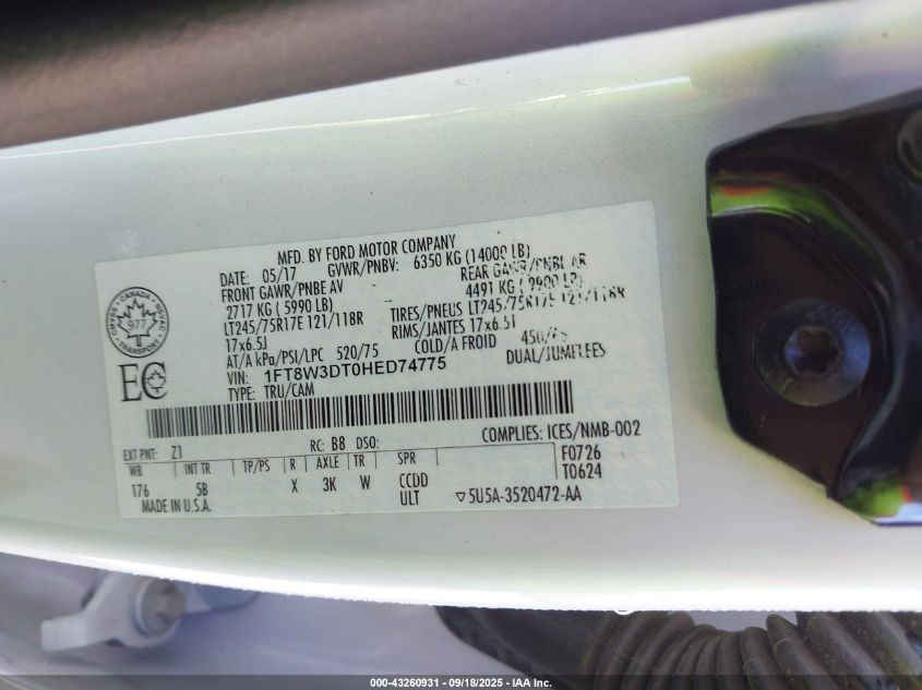 2017 Ford F-350 Lariat VIN: 1FT8W3DT0HED74775 Lot: 43260931