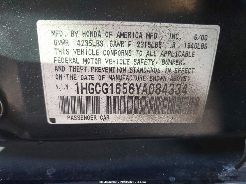 2000 Honda Accord 3.0 Ex VIN: 1HGCG1656YA084334 Lot: 43260935