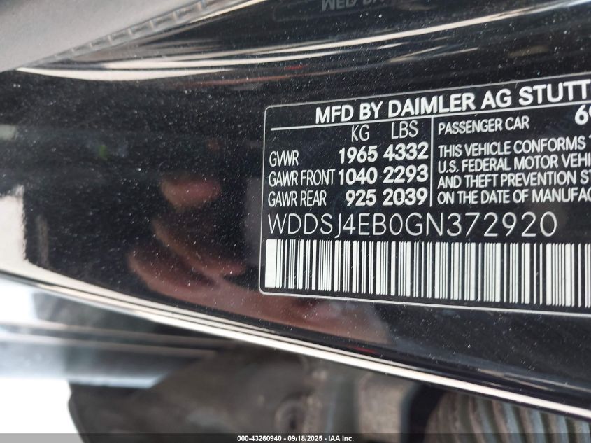 2016 Mercedes-Benz Cla 250 VIN: WDDSJ4EB0GN372920 Lot: 43260940