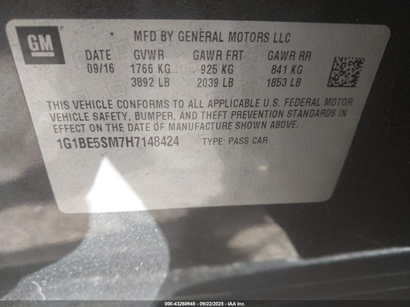 2017 Chevrolet Cruze Lt Auto VIN: 1G1BE5SM7H7148424 Lot: 43260945