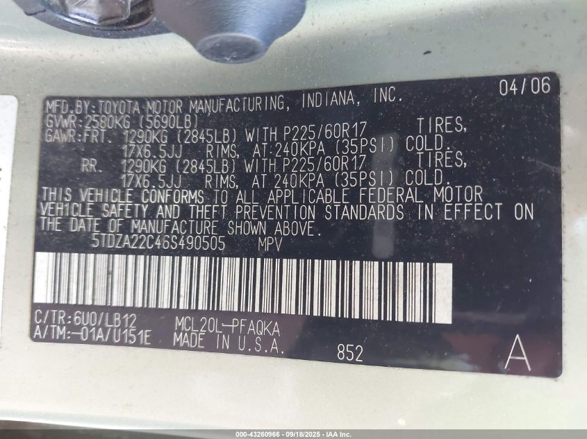 2006 Toyota Sienna Xle Limited VIN: 5TDZA22C46S490505 Lot: 43260966