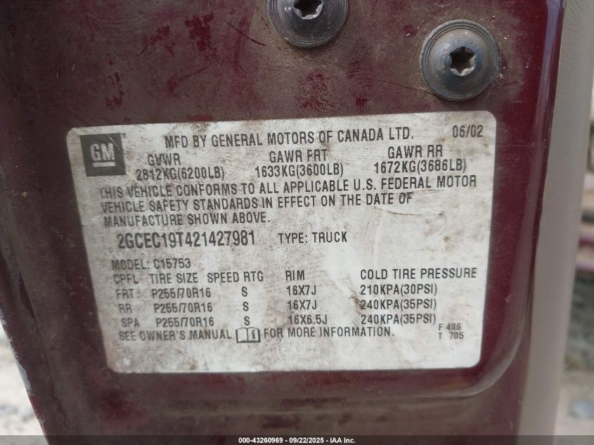 2002 Chevrolet Silverado 1500 Ls VIN: 2GCEC19T421427981 Lot: 43260969