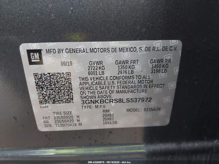 2020 Chevrolet Blazer Fwd 2Lt VIN: 3GNKBCRS8LS537972 Lot: 43260979