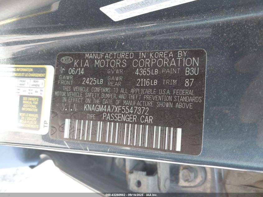 2015 Kia Optima Lx VIN: KNAGM4A7XF5547372 Lot: 43260982