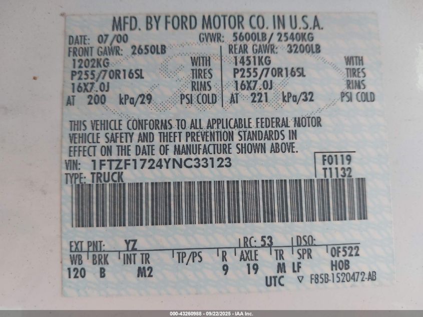 2000 Ford F-150 Work Series/Xl/Xlt VIN: 1FTZF1724YNC33123 Lot: 43260988