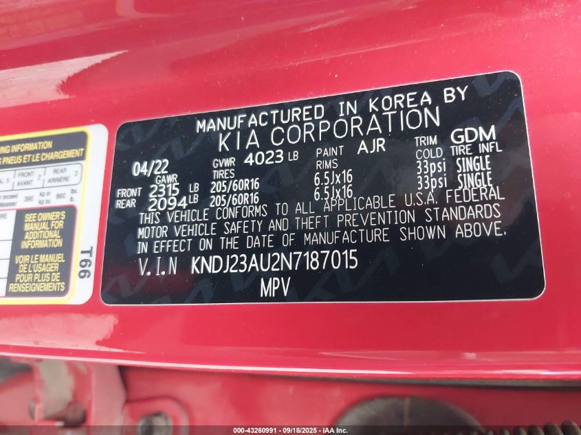 2022 Kia Soul Lx VIN: KNDJ23AU2N7187015 Lot: 43260991