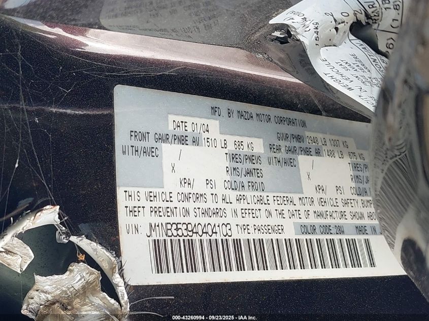 2004 Mazda Mx-5 Miata Cloth VIN: JM1NB353940404103 Lot: 43260994