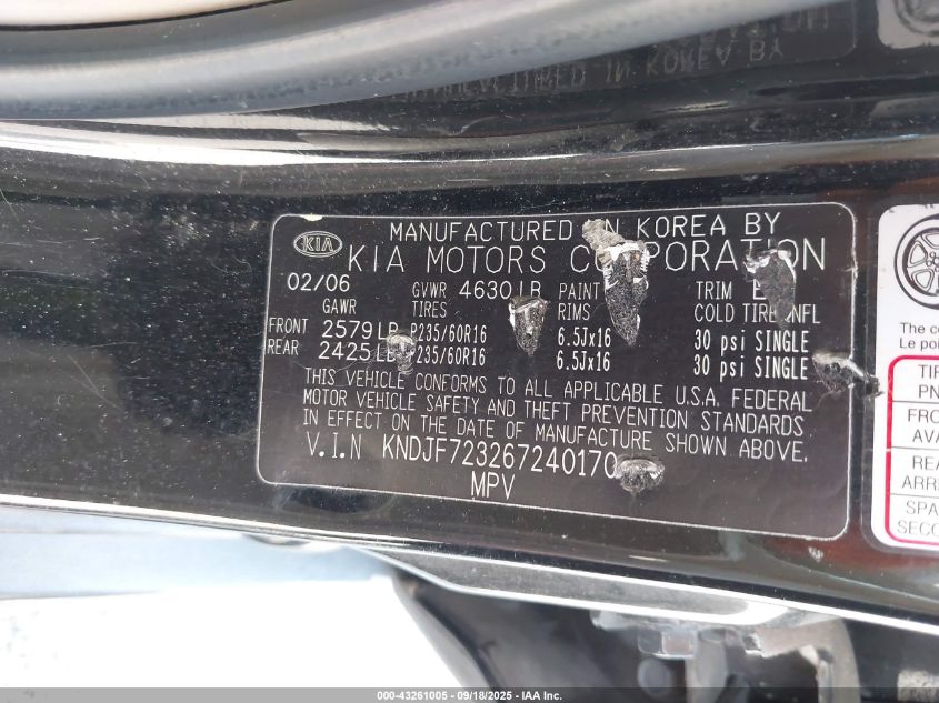 2006 Kia Sportage Ex V6/Lx V6 VIN: KNDJF723267240170 Lot: 43261005