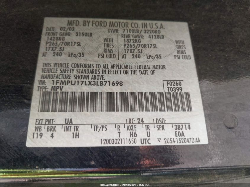 2003 Ford Expedition Eddie Bauer VIN: 1FMPU17LX3LB71698 Lot: 43261008