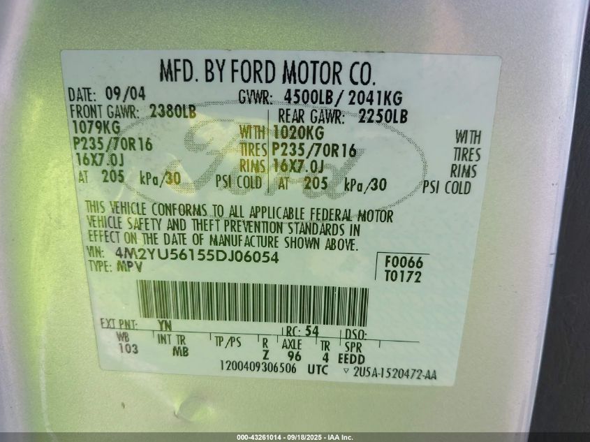 2005 Mercury Mariner Luxury/Premier VIN: 4M2YU56155DJ06054 Lot: 43261014