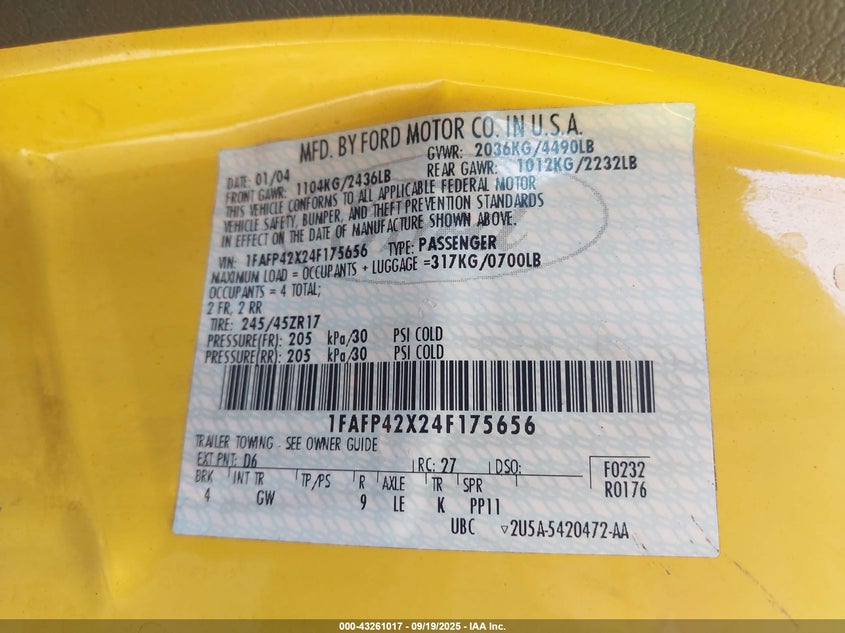 2004 Ford Mustang Gt VIN: 1FAFP42X24F175656 Lot: 43261017