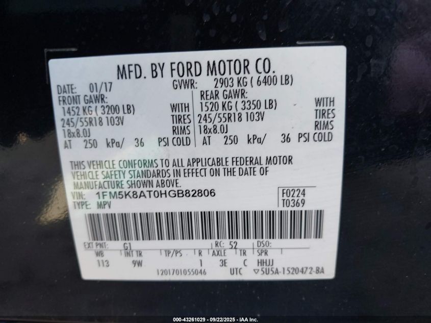2017 Ford Police Interceptor VIN: 1FM5K8AT0HGB82806 Lot: 43261029