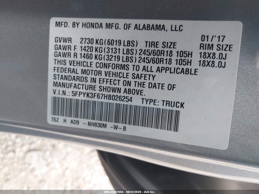 2017 HONDA RIDGELINE RTL-T - 5FPYK3F67HB026254