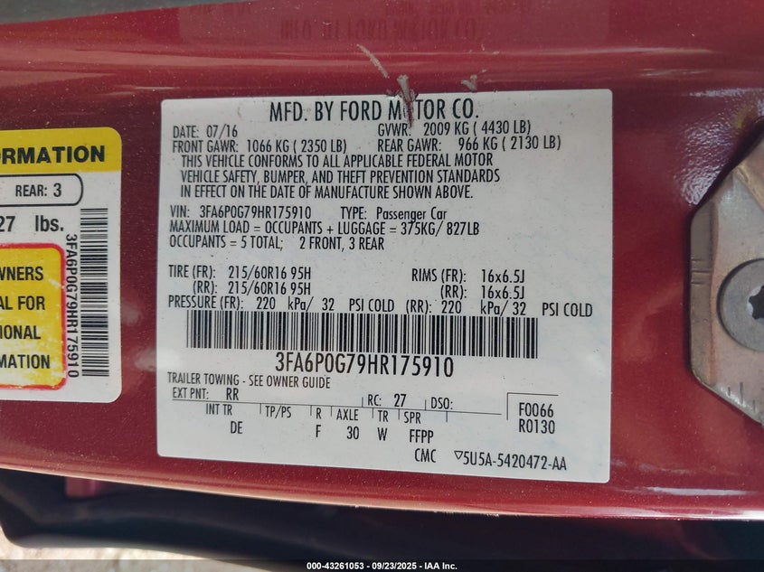 2017 FORD FUSION S - 3FA6P0G79HR175910