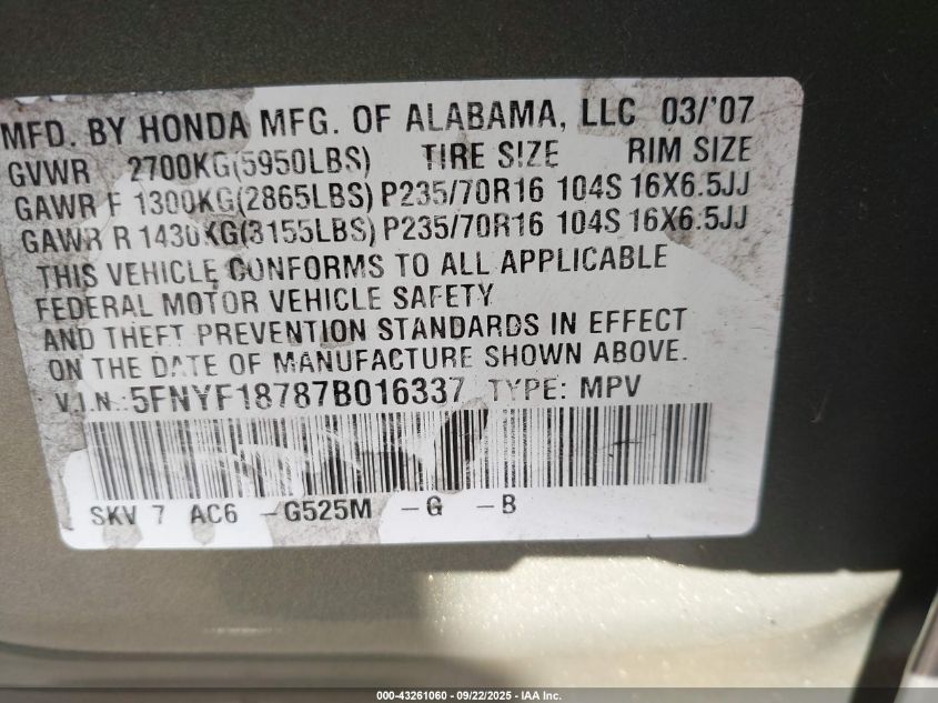 2007 Honda Pilot Ex-L VIN: 5FNYF18787B016337 Lot: 43261060