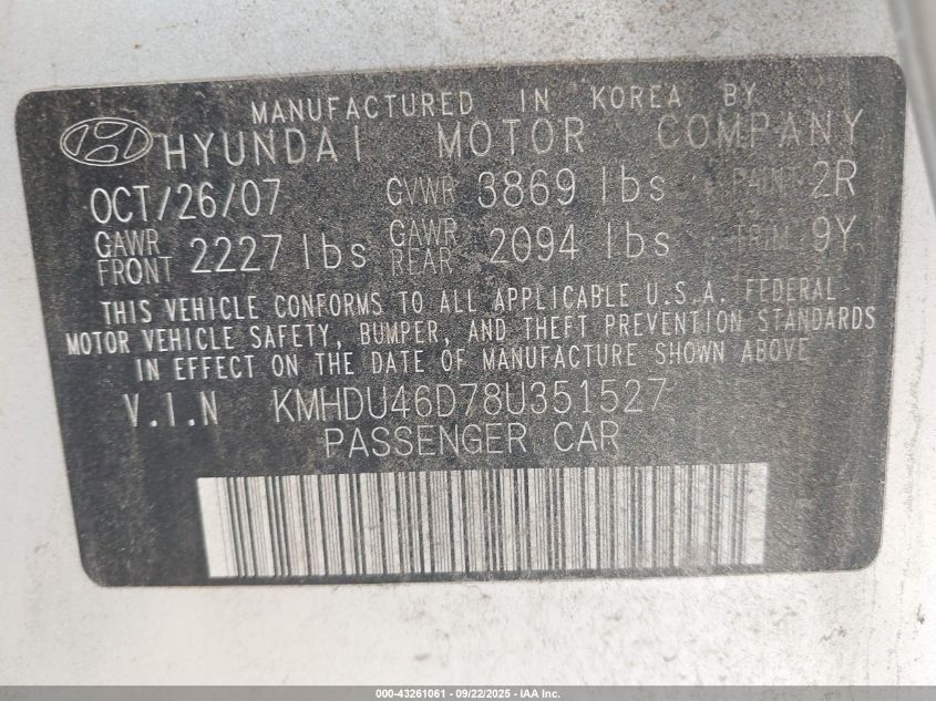 2008 Hyundai Elantra Gls/Se VIN: KMHDU46D78U351527 Lot: 43261061