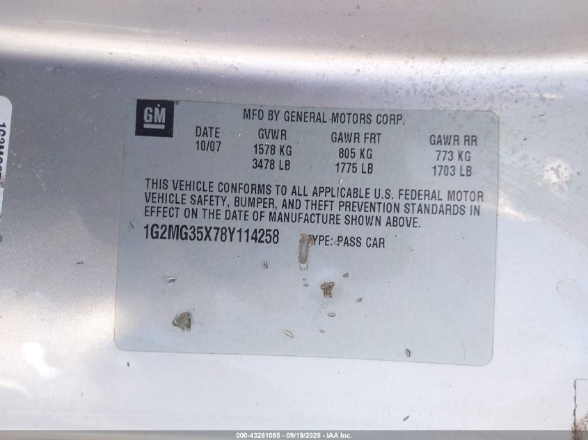 2008 Pontiac Solstice Gxp VIN: 1G2MG35X78Y114258 Lot: 43261065