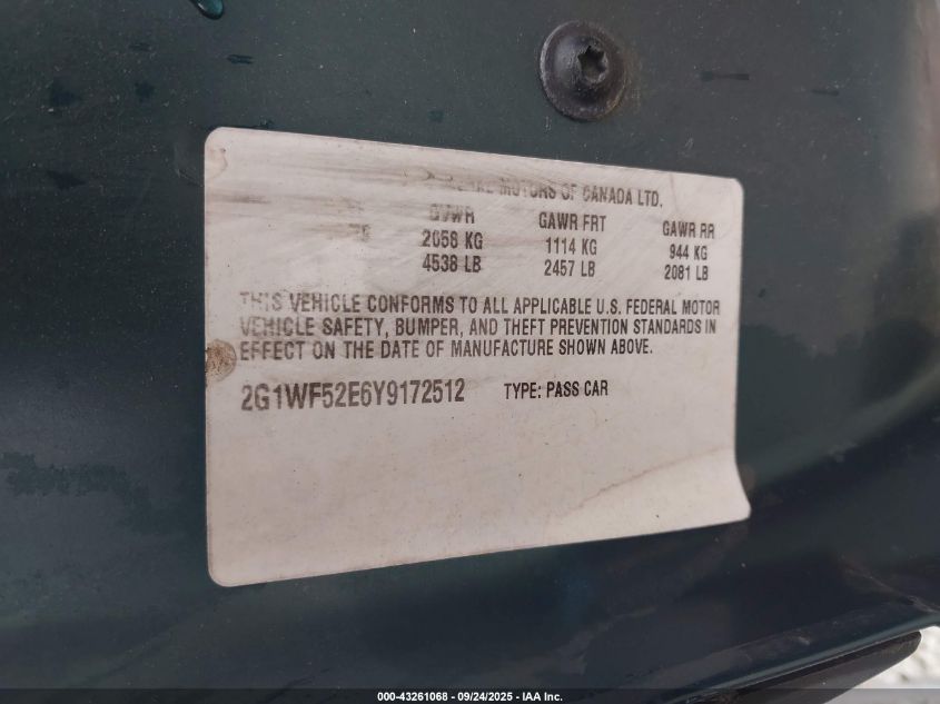 2000 Chevrolet Impala VIN: 2G1WF52E6Y9172512 Lot: 43261068