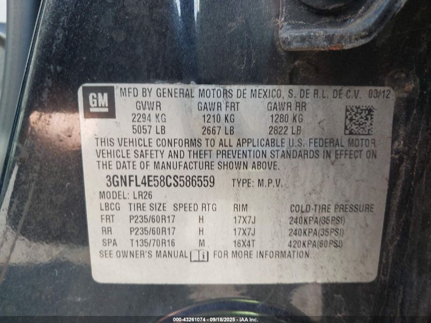 2012 Chevrolet Captiva Sport Ltz VIN: 3GNFL4E58CS586559 Lot: 43261074