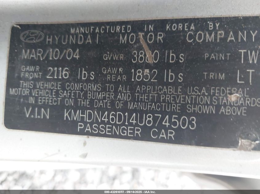2004 Hyundai Elantra Gls/Gt VIN: KMHDN46D14U874503 Lot: 43261077