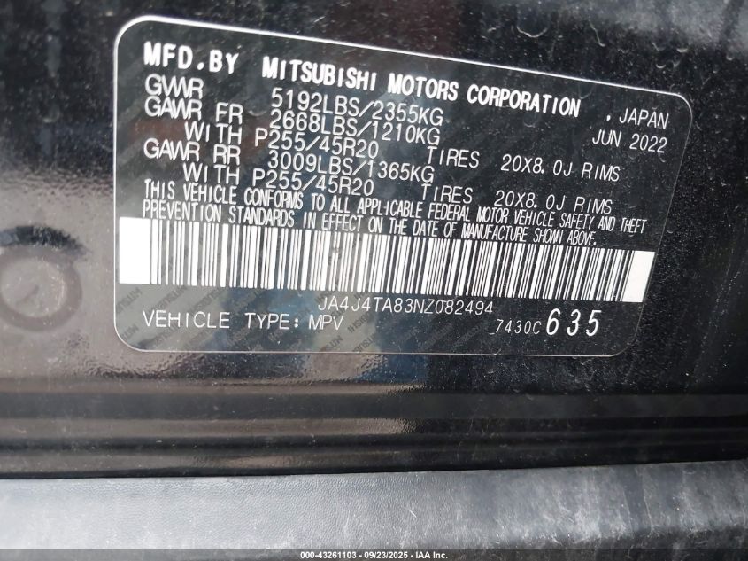 2022 Mitsubishi Outlander Es 2.5 S-Awc VIN: JA4J4TA83NZ082494 Lot: 43261103