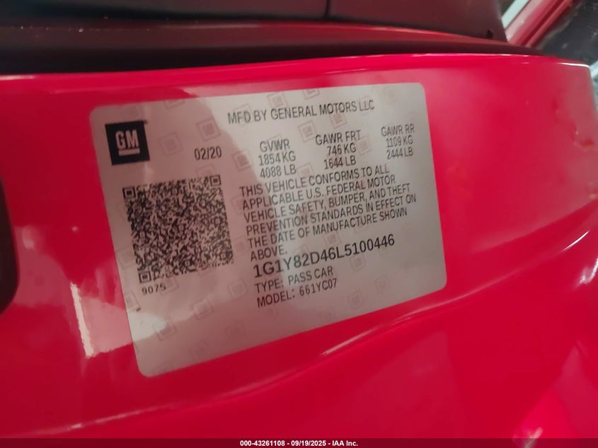 2020 CHEVROLET CORVETTE STINGRAY RWD  3LT - 1G1Y82D46L5100446