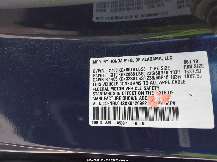 2019 Honda Odyssey Lx VIN: 5FNRL6H2XKB126992 Lot: 43261109