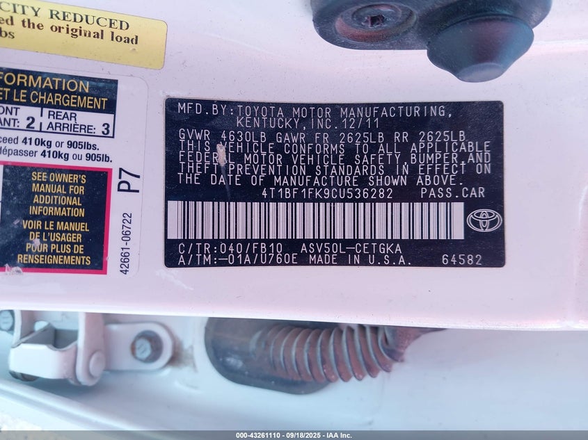 2012 Toyota Camry Xle VIN: 4T1BF1FK9CU536282 Lot: 43261110