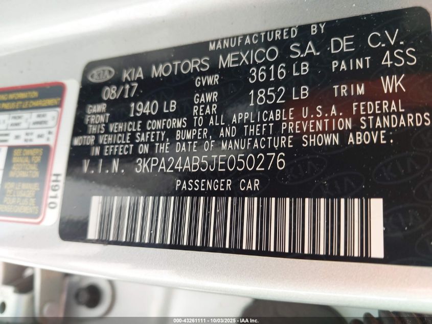 2018 Kia Rio Lx VIN: 3KPA24AB5JE050276 Lot: 43261111