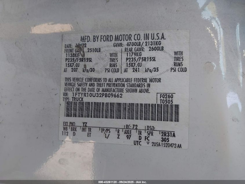 2002 Ford Ranger Edge/Xl/Xlt VIN: 1FTYR10U32PB09662 Lot: 43261120